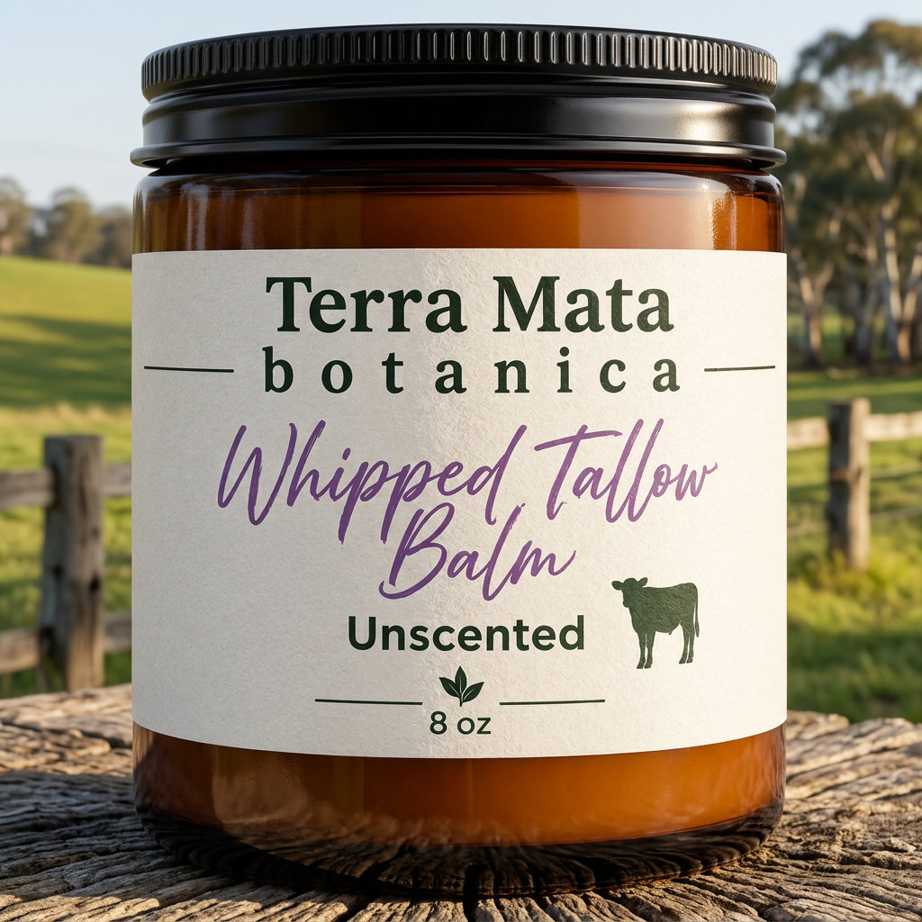 Prominent Whipped Tallow Balm jar with a country scene background