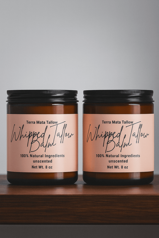 Grass-fed tallow skincare balm in jar with natural ingredients