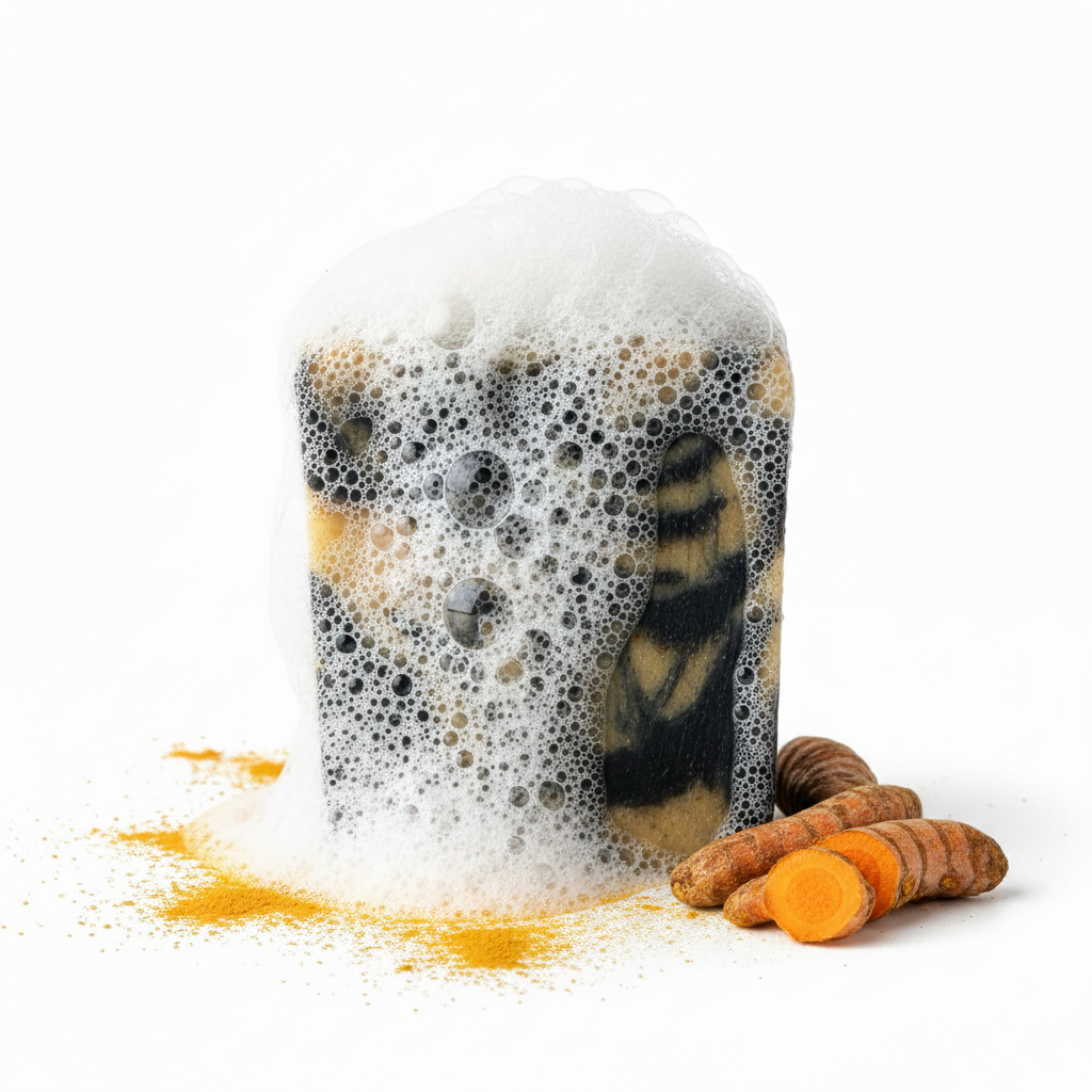 Charcoal turmeric soap with bubbles