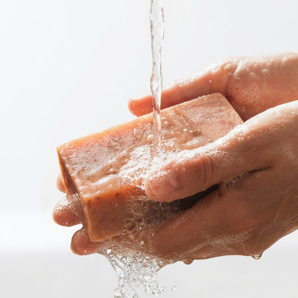 Close-up of hands washing hibiscus soap on a white background