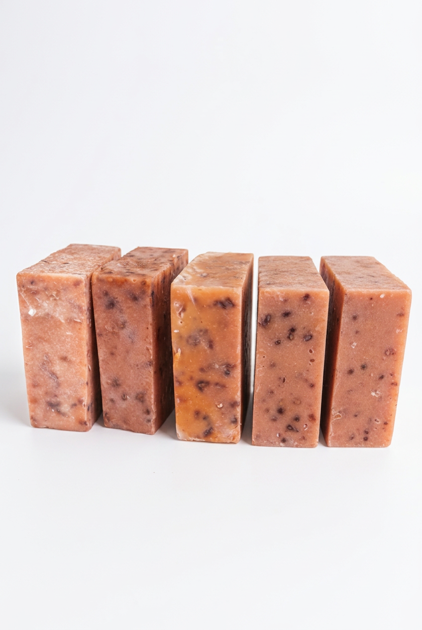 Hibiscus and mango soap bars on a white background