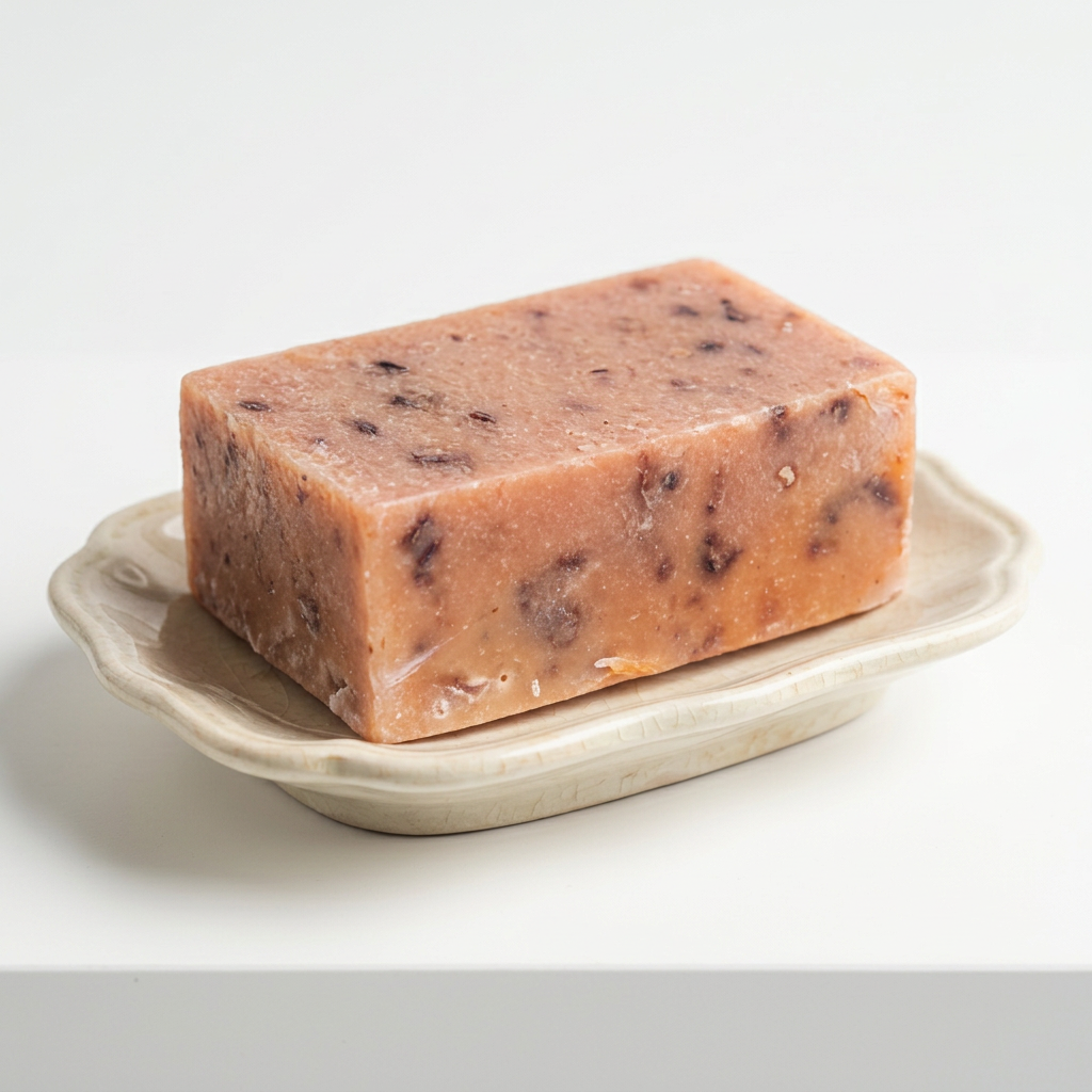 Hibiscus and mango soap on a vintage ceramic dish