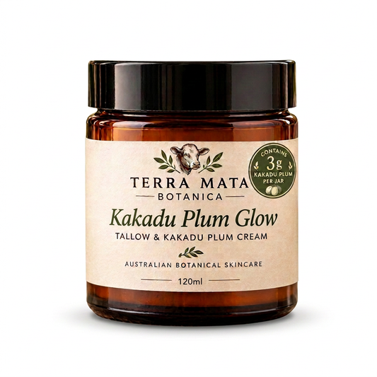 Terra Mata Botanica Kakadu Plum Glow 120ml amber jar containing 3 g Kakadu plum, on a white background