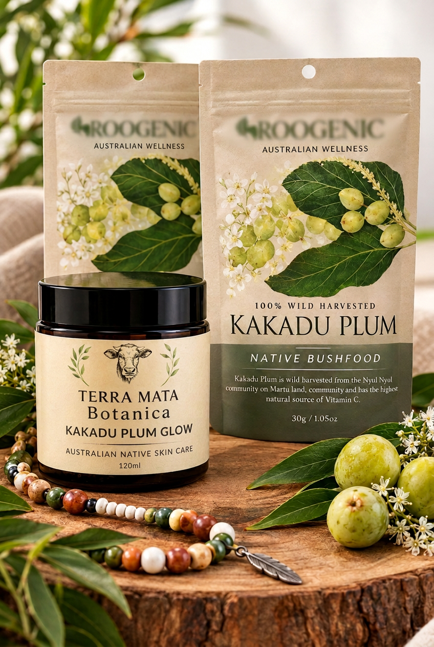 Terra Mata Botanica Kakadu Plum Glow 120ml jar beside Kakadu plum ingredient pouches and botanicals