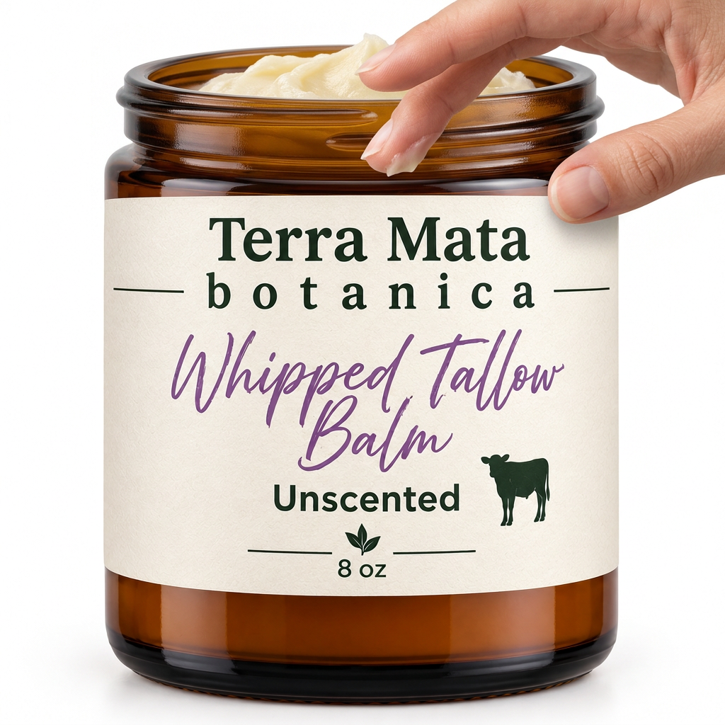 8 oz jar of whipped tallow balm  fingers dipping in