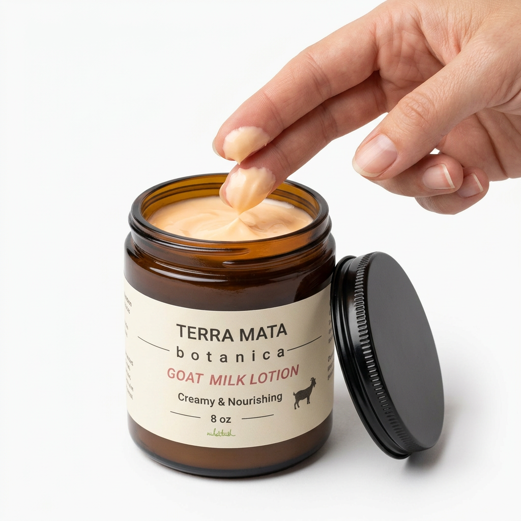 Open Terra Mata Botanica jar with fingertips dipping into light-orange cream