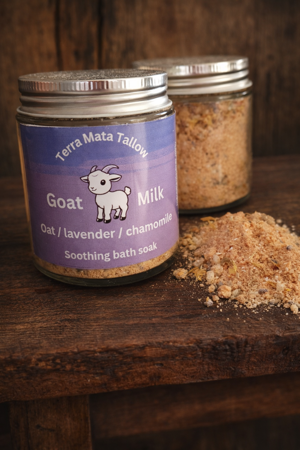 Jar of Terra Mata Tallow Goat Milk and colloidal oatmeal soothing bath soak