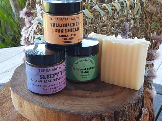 Tallow Bundle & Save / Tallow Balm/ Sunshield/ 2x Tallow Soaps & Magnesium Sleepy Time