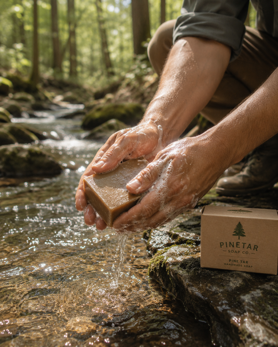 pine tar and nettle soap man washing hands