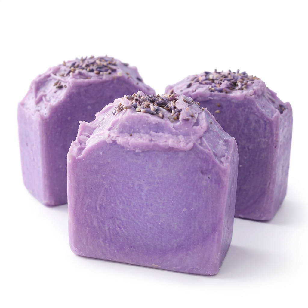 Three purple lavender soaps together on a white background