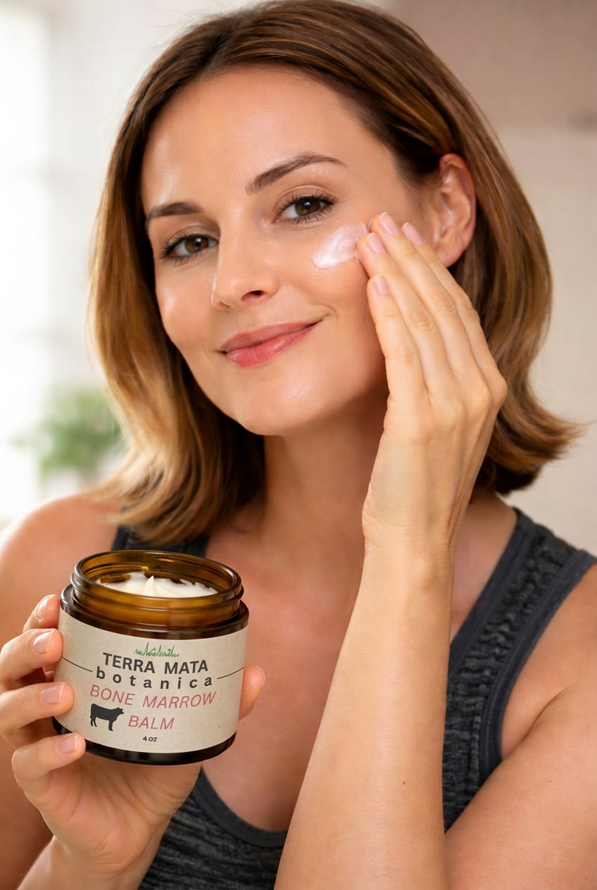 Woman holding Bone Marrow Balm with the new Terra Mata Botanica label